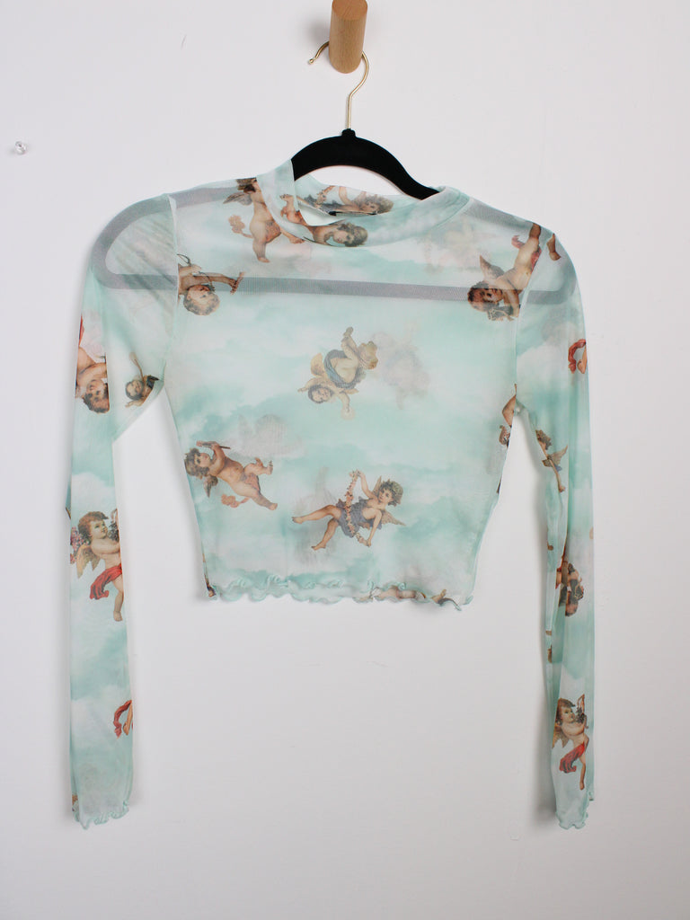 Y2K Cherub Angel Sheer Ruffle Hem Long Sleeve Crop Top - Thrice Divine Finds